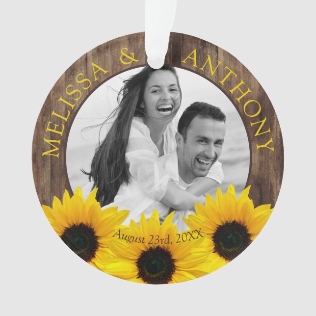 Rustic Sunflower Photo Wedding Save the Date Ornament (Front)