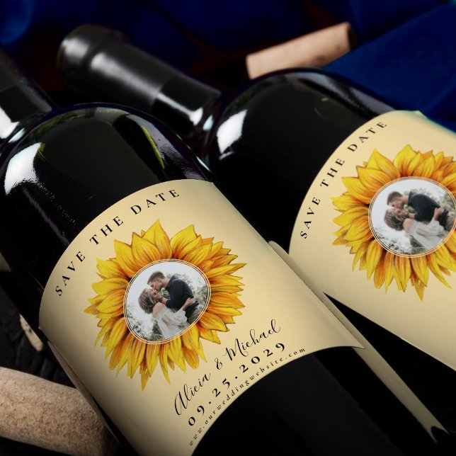 Rustic sunflower photo wedding save the date wine label (Creator Uploaded)