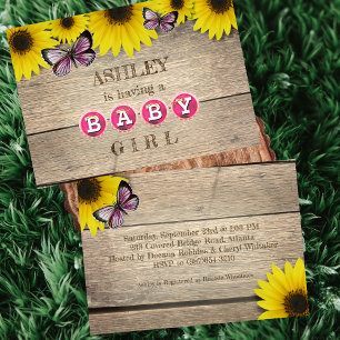 Rustic Sunflower Pink Butterfly Baby Shower   Girl Invitation