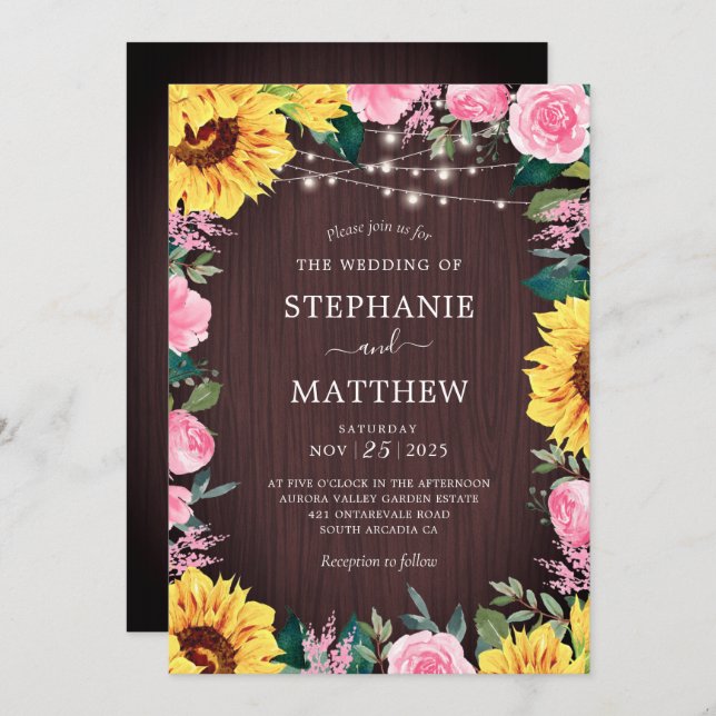 Rustic Sunflower PInk Floral Lights Wedding Invitation (Front/Back)