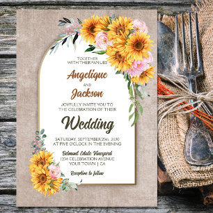Rustic Sunflower Pink Rose Arch Wedding Invitation