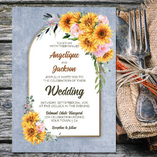 Rustic Sunflower Pink Rose Grey Arch Wedding Invitation