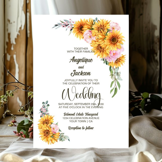 Rustic Sunflower Pink Rose Wedding Invitation (Creator Uploaded)