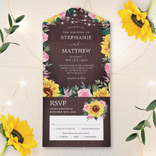 Rustic Sunflower Pink Roses Lights Wedding All In One Invitation