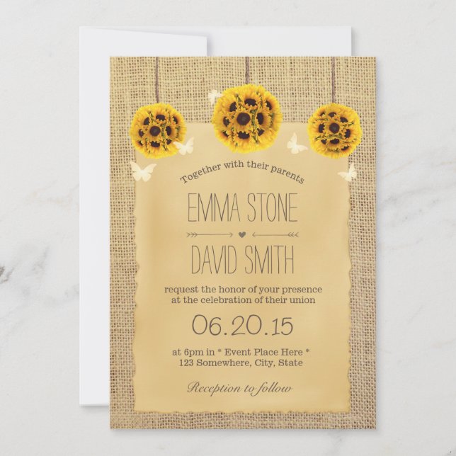 Rustic Sunflower Pomanders & Butterfly Wedding Invitation (Front)