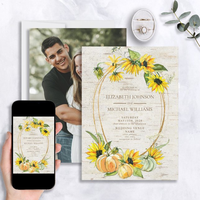 Rustic Sunflower Pumpkin Birch Photo Wedding Invitation (Creator Uploaded)