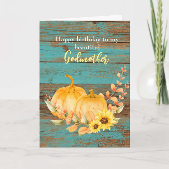 Rustic Sunflower Pumpkin Fall Birthday Godmother Card (Front)
