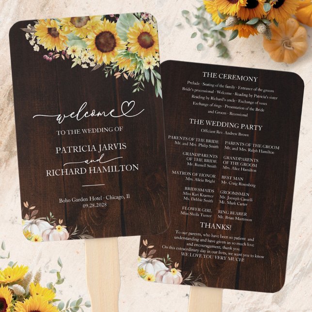 Rustic Sunflower Pumpkin Fall Wedding Program Hand Fan (Creator Uploaded)