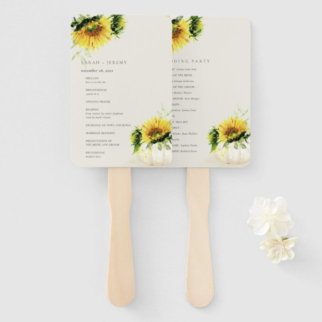 Rustic Sunflower Pumpkin Floral Wedding Program Hand Fan (Front and Back)