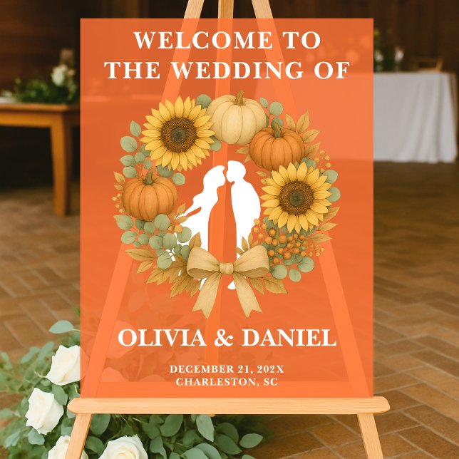 Rustic Sunflower Pumpkin Wreath Fall Wedding Acrylic Sign (Creator Uploaded)