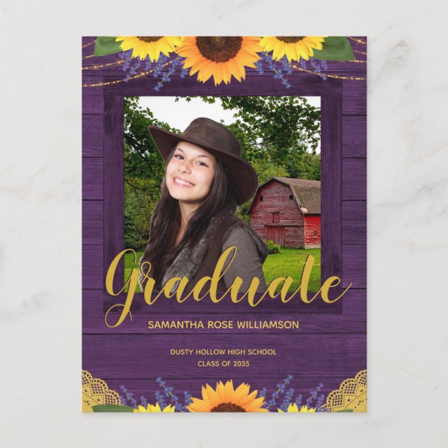 Rustic Sunflower Purple and Gold Photo Graduation Announcement Postcard (Front)