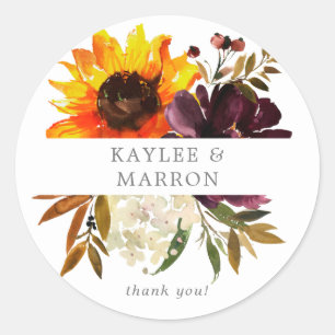 Rustic Sunflower & Purple Floral Thank You  Classic Round Sticker