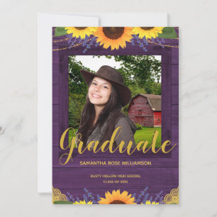 Rustic Sunflower Purple Gold 2 Photo Graduation Announcement