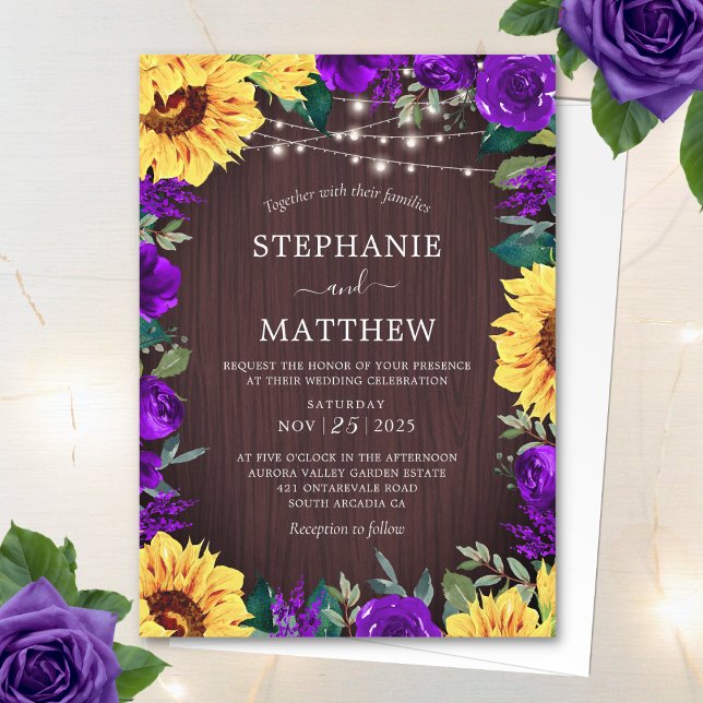 Rustic Sunflower Purple Lights Wood Wedding Invitation (Creator Uploaded)