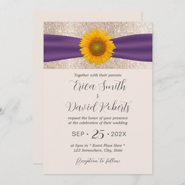 Rustic Sunflower Purple Ribbon Elegant Wedding Invitation (Front/Back)