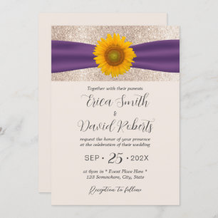 Rustic Sunflower Purple Ribbon Elegant Wedding Invitation