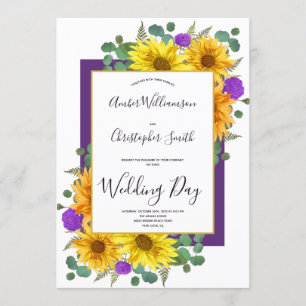 Rustic Sunflower Purple Roses Country Wedding Invitation