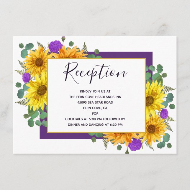 Rustic Sunflower Purple Roses Wedding Reception Enclosure Card (Front)