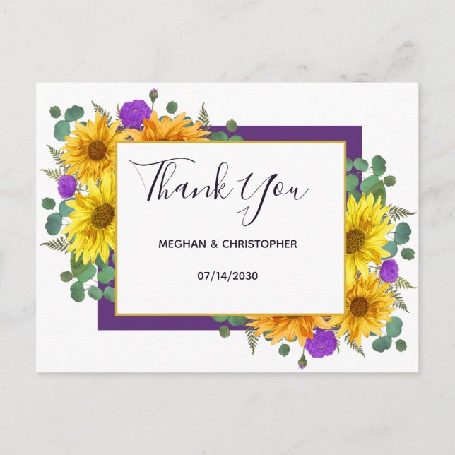 Rustic Sunflower Purple Roses Wedding Thank You Postcard (Front)