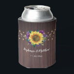 Rustic Sunflower Purple String Lights Wood Wedding Can Cooler<br><div class="desc">This wedding can cooler features a modern sunflower and purple floral design with string lights on a wood background. Personalise it with your names and wedding date. Matching items also available.</div>