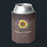 Rustic Sunflower Purple String Lights Wood Wedding Can Cooler<br><div class="desc">This wedding can cooler features a modern sunflower and purple floral design with string lights on a wood background. Personalise it with your names and wedding date. Matching items also available.</div>