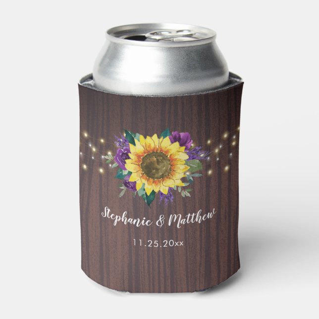 Rustic Sunflower Purple String Lights Wood Wedding Can Cooler (Can Front)