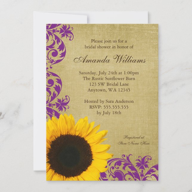 Rustic Sunflower Purple Swirls Bridal Shower Invitation (Front)