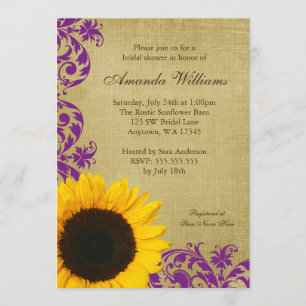 Rustic Sunflower Purple Swirls Bridal Shower Invitation