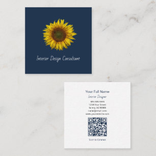 Rustic Sunflower QR code Boho Navy Blue Square Business Card