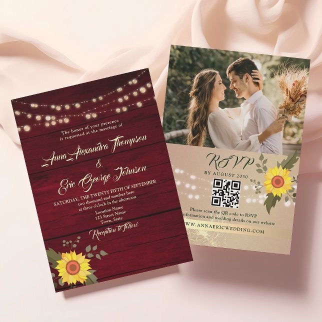 Rustic Sunflower QR Code Photo Wedding Invitation (Creator Uploaded)