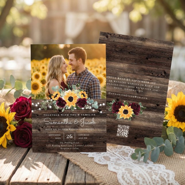 Rustic Sunflower QR Code RSVP Wedding Invitation (Creator Uploaded)
