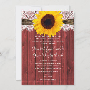 Rustic Sunflower Red Barn Wood Wedding Invites
