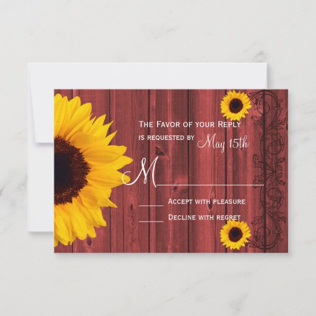 Rustic Sunflower Red Barn Wood Wedding RSVP Cards (Front)