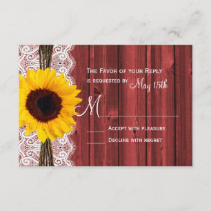 Rustic Sunflower Red Barn Wood Wedding RSVP Cards
