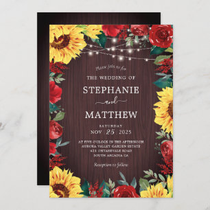 Rustic Sunflower Red Floral Lights Wedding Invitation