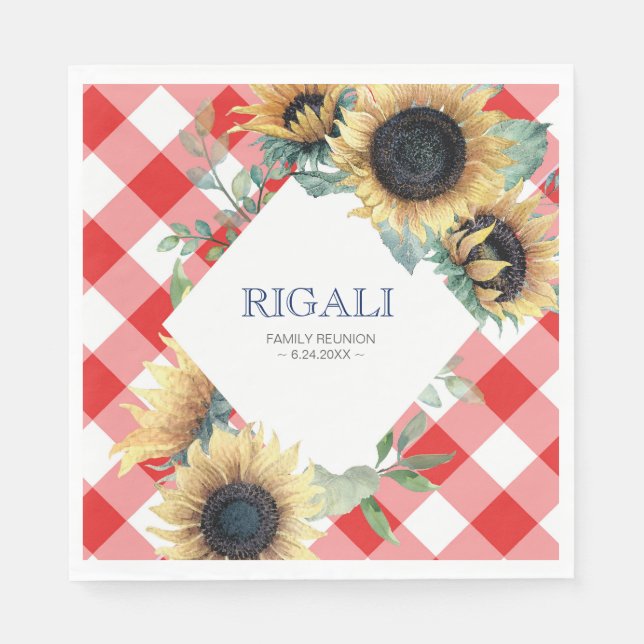 Rustic Sunflower Red Gingham Family Reunion Napkin (Front)