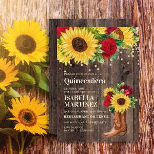 Rustic Sunflower Red Roses Boots Quinceañera  Invitation
