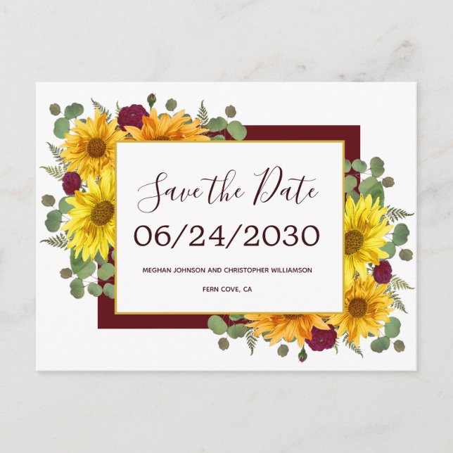 Rustic Sunflower Red Roses Wedding Save the Date Announcement Postcard (Front)
