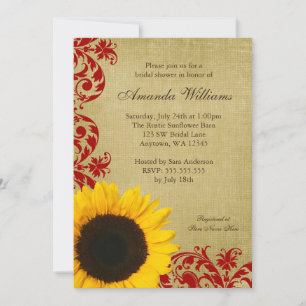 Rustic Sunflower Red Swirls Bridal Shower Invitation