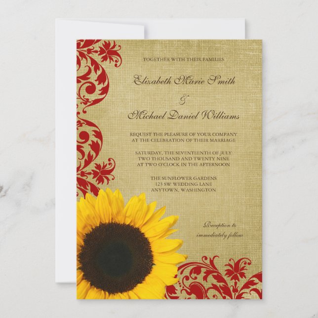 Rustic Sunflower Red Swirls Wedding Invitation (Front)