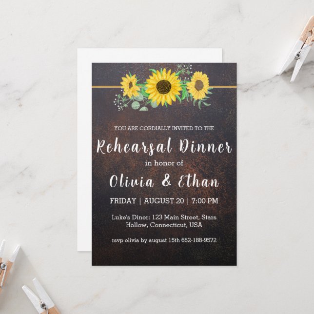 Rustic sunflower rehearsal dinner invitations (Front/Back In Situ)