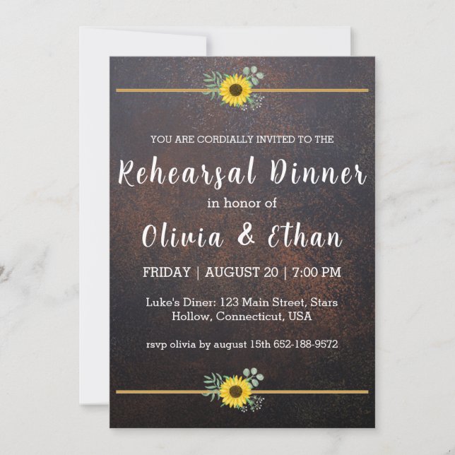 Rustic sunflower rehearsal dinner invitations (Front)