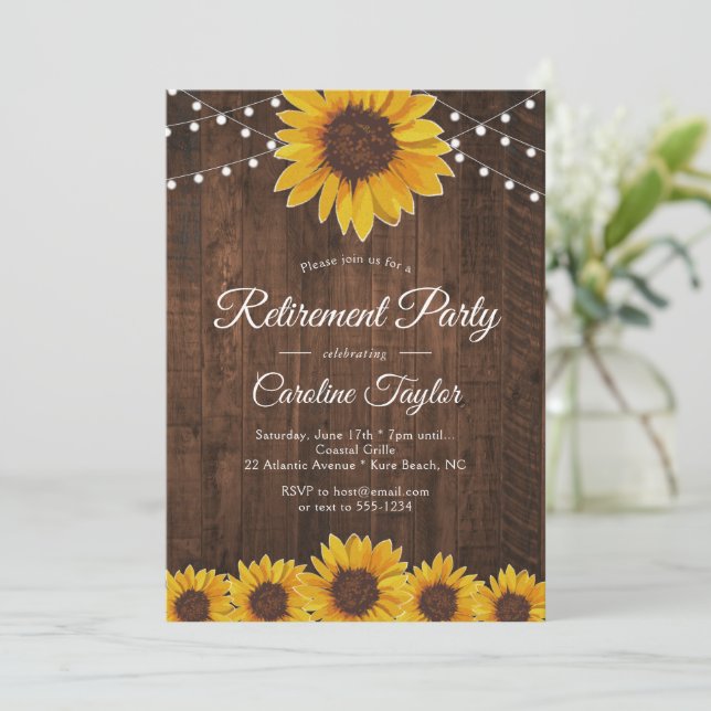 Rustic Sunflower Retirement Party String Lights Invitation (Standing Front)
