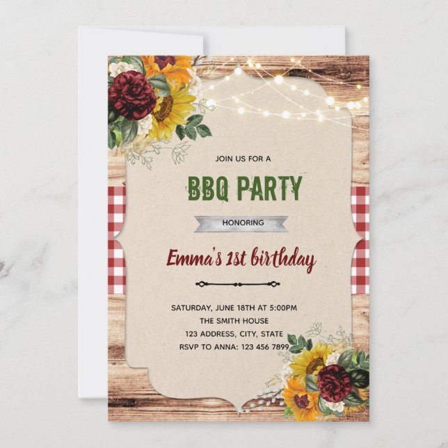 Rustic sunflower rose bbq theme invitation (Front)