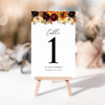 Rustic Sunflower Rose Burgundy Fall Floral Wedding Table Number<br><div class="desc">Modern Rustic Sunflower Rose Peony Burgundy Red Purple Floral Watercolor Autumn Fall Country Wedding Table Number</div>