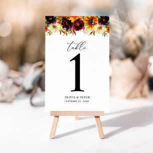 Rustic Sunflower Rose Burgundy Fall Floral Wedding Table Number