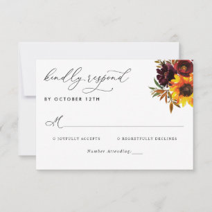 Rustic Sunflower Rose Burgundy Fall Wedding RSVP Card