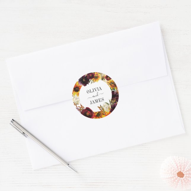 Rustic Sunflower Rose Burgundy Fall Wreath Wedding Classic Round Sticker (Envelope)
