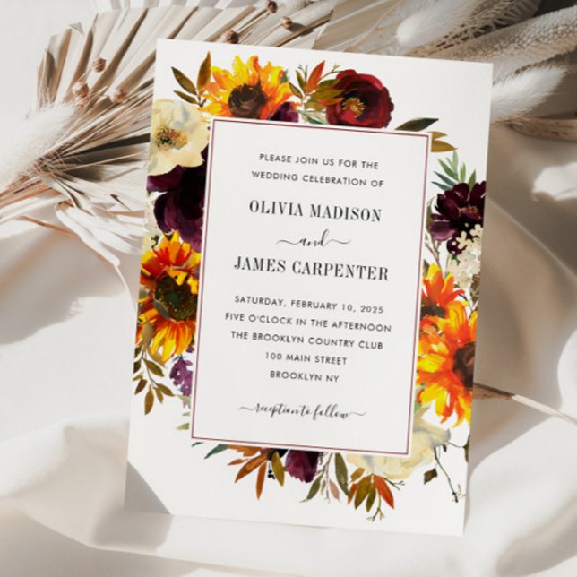 Rustic Sunflower Rose Burgundy Floral Fall Wedding Invitation (Creator Uploaded)