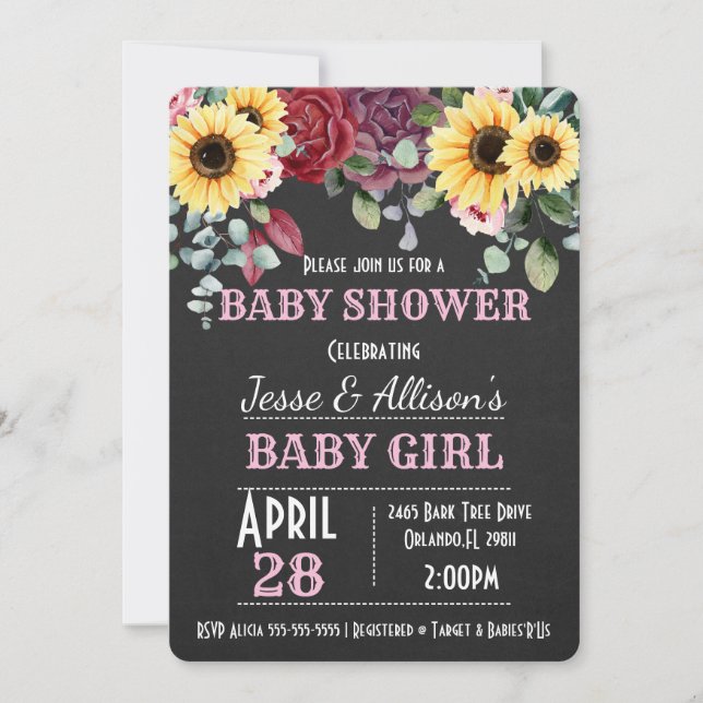 Rustic Sunflower/ Rose Floral Baby Shower  Invitat Invitation (Front)